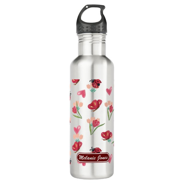 Ladybug, Butterfly and Tulip Heart Pattern 710 Ml Water Bottle (Front)