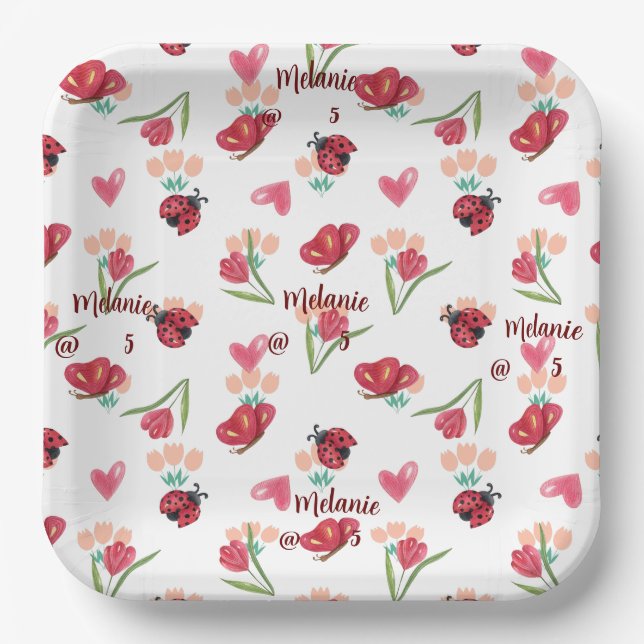 Ladybug, Butterfly and Tulip Heart Pattern Paper Plate (Front)