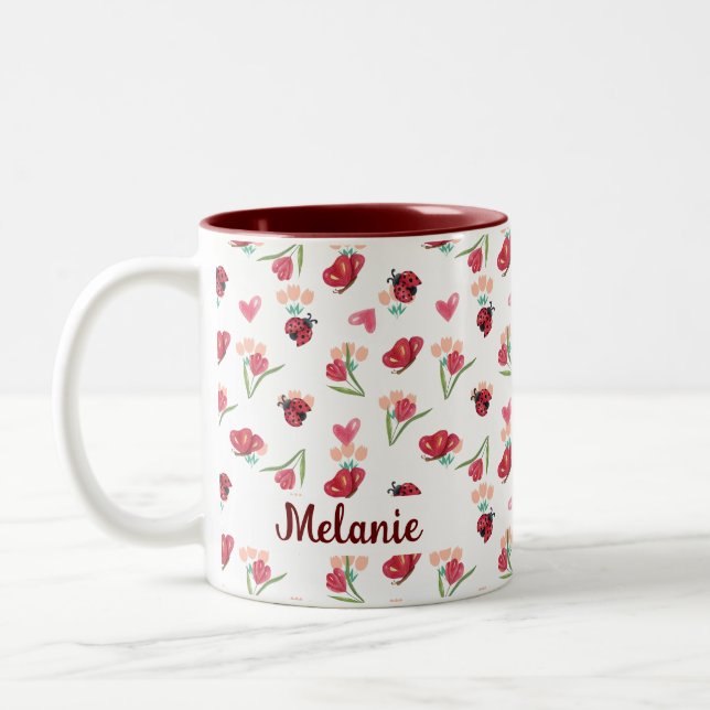 Ladybug, Butterfly and Tulip Heart Pattern Two-Tone Coffee Mug (Left)
