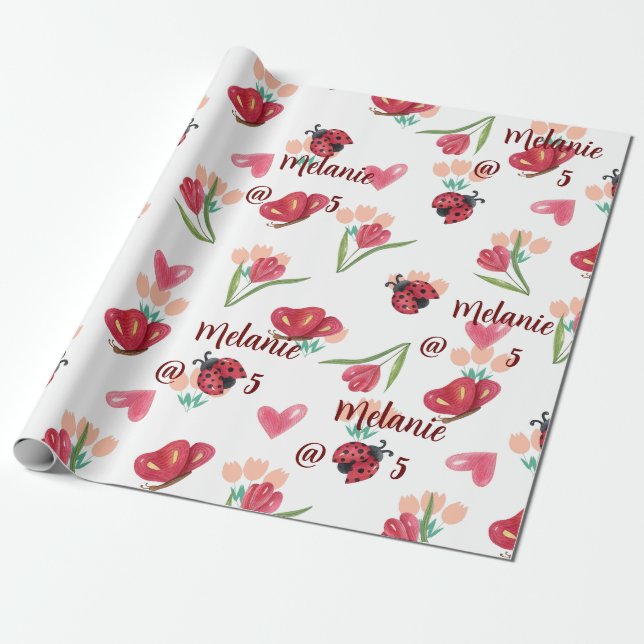 Ladybug, Butterfly and Tulip Heart Pattern Wrapping Paper (Unrolled)