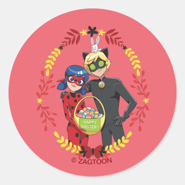 Ladybug & Cat Noir Easter Basket Classic Round Sticker (Front)