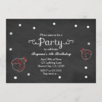 Ladybug Chalkboard Dots Birthday Party Invitations