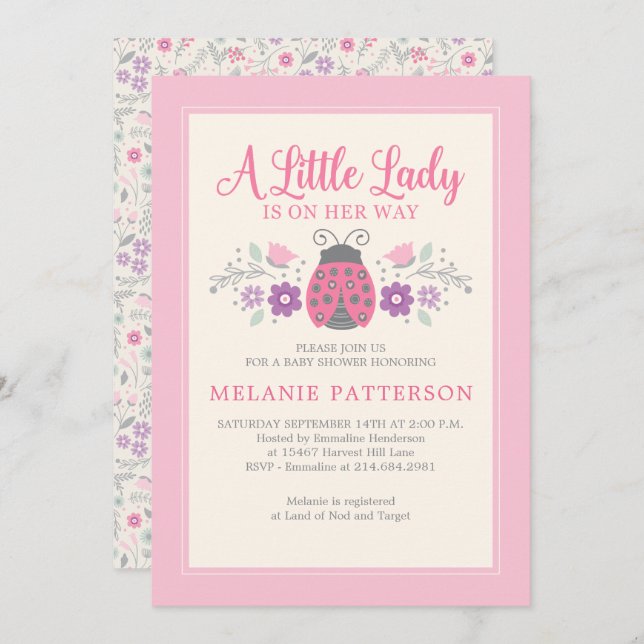 Ladybug Cute Pink Floral Girl Baby Shower Invitation (Front/Back)