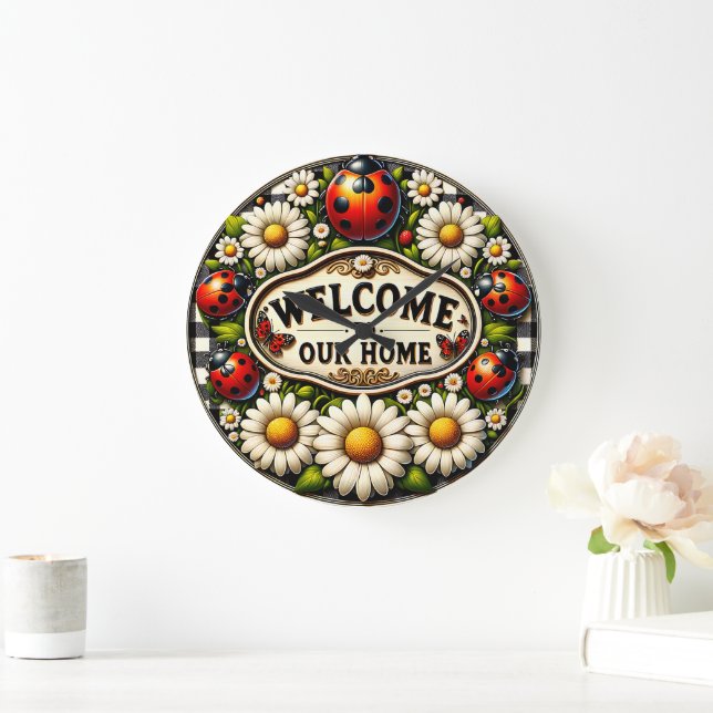 Ladybug Daisy Welcome Home Wall  Large Clock (Home)
