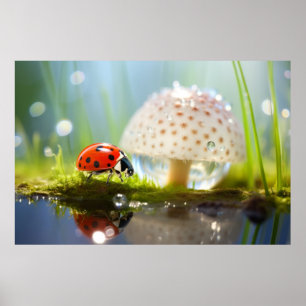Ladybug Dewdrop Nature Serene Tranquil Poster