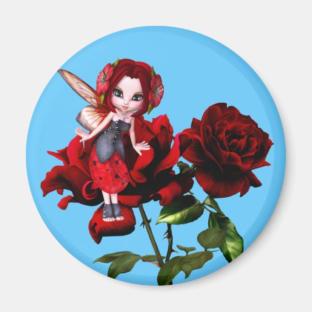 Ladybug Fairy on Red Roses Magnet (Front)