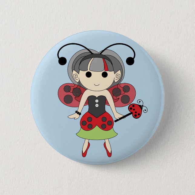 Ladybug Fairy Red Fairies Pinback Button Blue Back (Front)