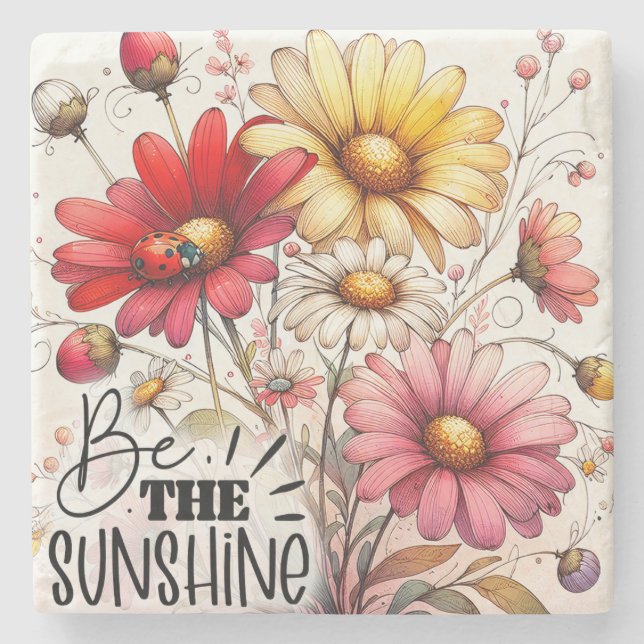 Ladybug Floral Garden Sandstone Stone Coaster (Front)