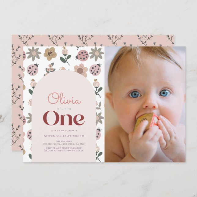 Ladybug & Flower Arch 1st Birthday Photo Invitation (Front/Back)