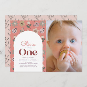 Ladybug & Flower Arch Pink 1st Birthday Photo Invitation