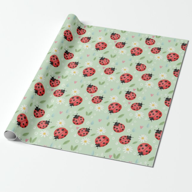 Ladybug Flower Pattern Wrapping Paper (Unrolled)