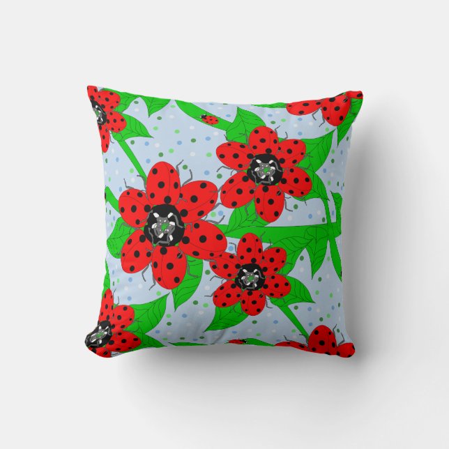 Ladybug Flowers Throw Pillow (Front)