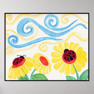 Ladybug & Flowers Watercolor Print