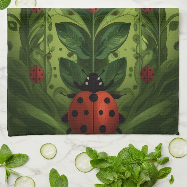 Ladybug Garden Kitchen Towel – Cute Floral Insect  (Folded)