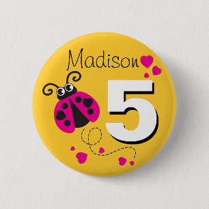 Ladybug girls 5th birthday name pink yellow button