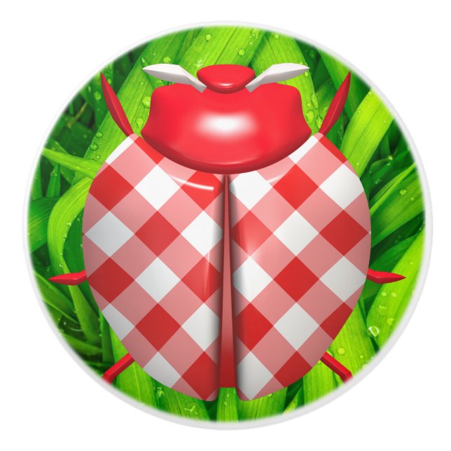 Ladybug grass gingham check cute red green white  ceramic knob (Front)