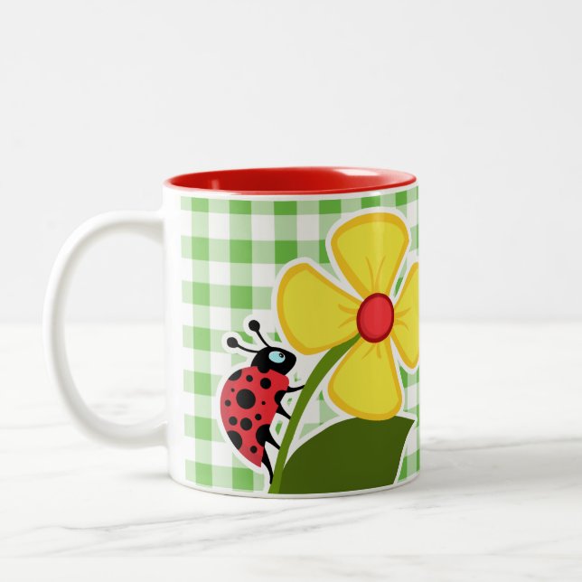 Ladybug; Green Chequered; Gingham Two-Tone Coffee Mug (Left)