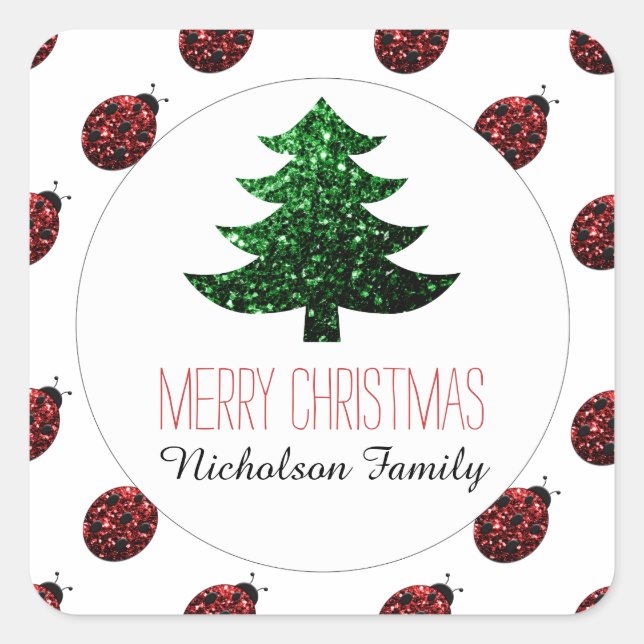 Ladybug + Green Christmas tree sparkles Gift Tag (Front)