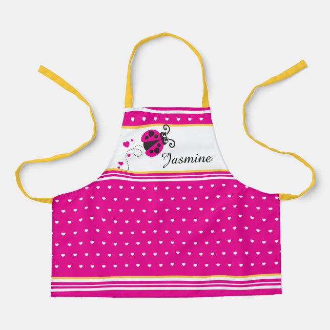 Ladybug heart dot pink white yellow custom name apron (Front)