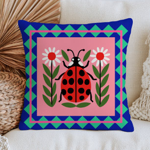 Ladybug Illustration Floral Bug Design Retro Cushion