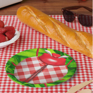 Ladybug in grass gingham check cute red green paper plate