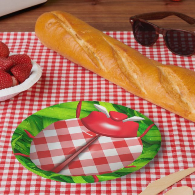 Ladybug in grass gingham check cute red green paper plate (Creator Uploaded)