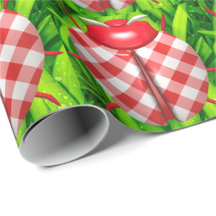 Ladybug in grass gingham check cute red green wrapping paper