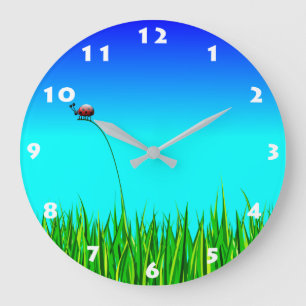 LADYBUG IN GRASS (WHITE NUMBERS) LARGE CLOCK