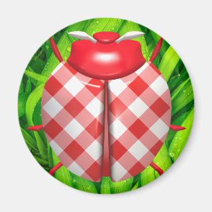 Ladybug in green grass red gingham check cute magnet