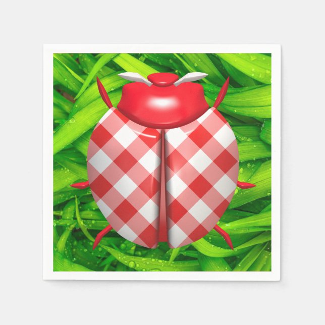 Ladybug in green grass red gingham check cute napkin (Front)