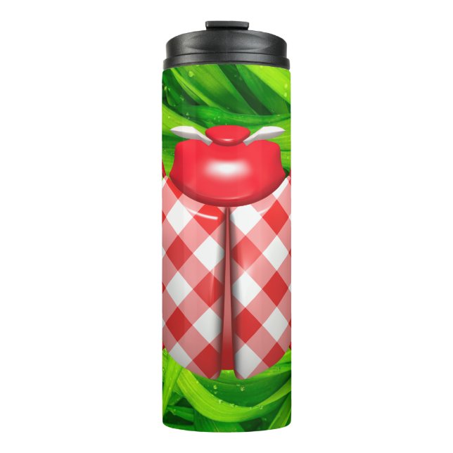 Ladybug in green grass red gingham check cute thermal tumbler (Front)