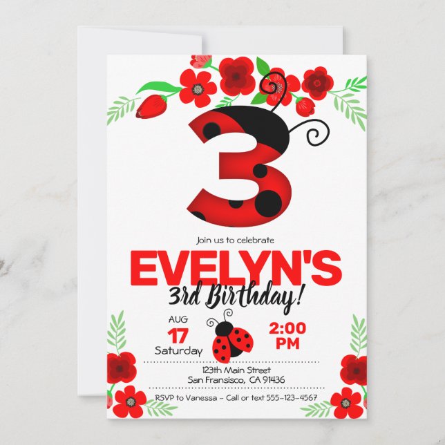 Ladybug Invitation for 3rd Birthday (Front)