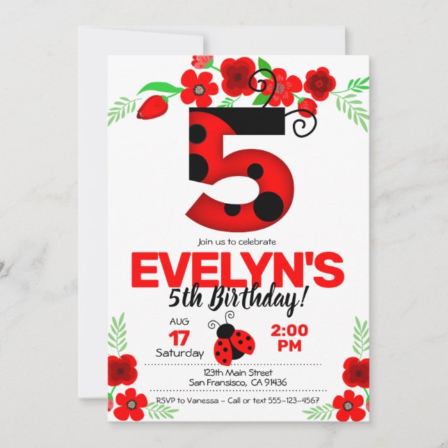 Ladybug Invitation for 5th Birthday (Front)