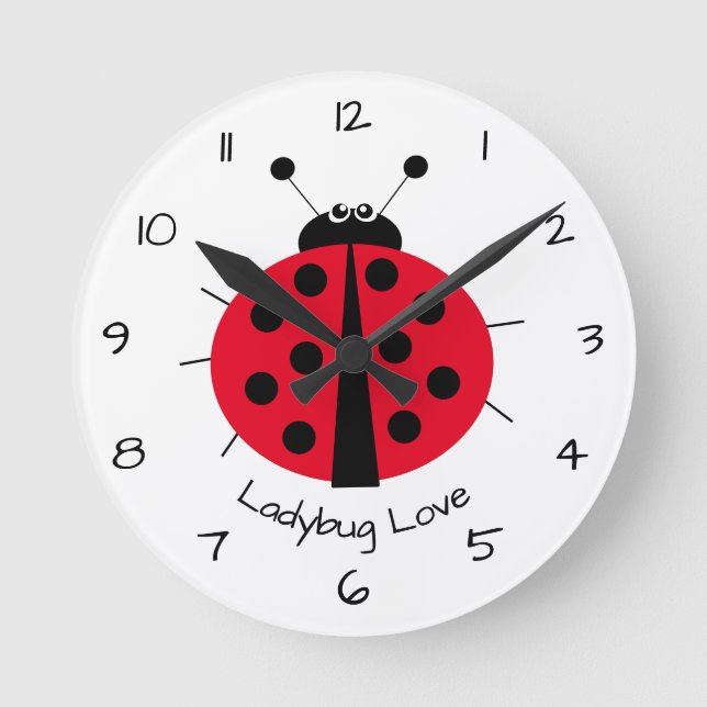 Ladybug Love Girly Fun Cute Cartoon Round Clock (Front)