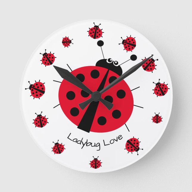 Ladybug Love Girly Fun Cute Cartoon Round Clock (Front)