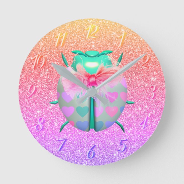 Ladybug lovely hearts cute glitter round clock (Front)