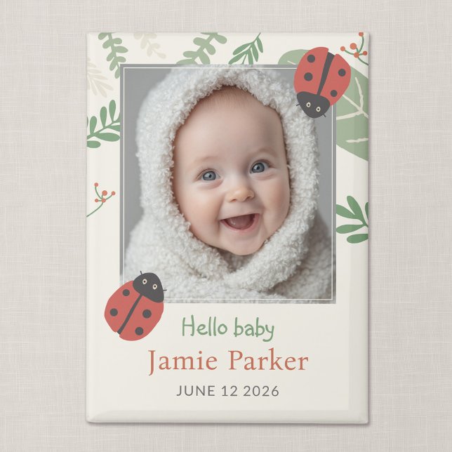 Ladybug New Baby Announcement Keepsake Magnet (Ladybird Meadow - Keepsake Ladybug Baby Photo Magnet Announcement)