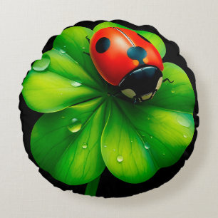 Ladybug on a Dew-Covered Leaf Round Cushion