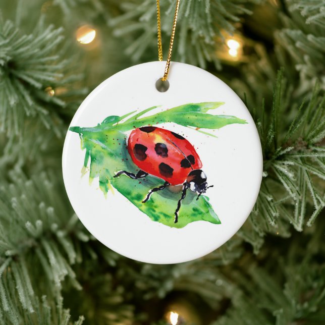 Ladybug on a Green Leaf Ceramic Ornament (Tree)