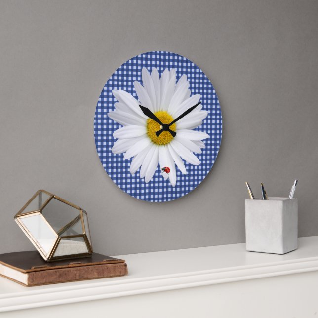 Ladybug on a White Daisy with Gingham Large Clock (Office)