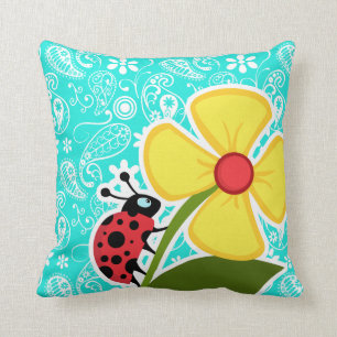 Ladybug on Aqua Colour Paisley; Floral Cushion