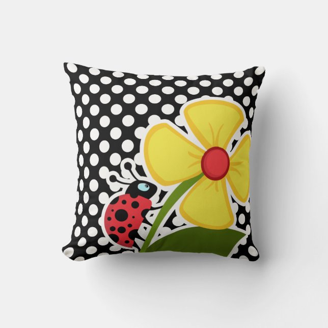Ladybug on Black and White Polka Dots Cushion (Front)