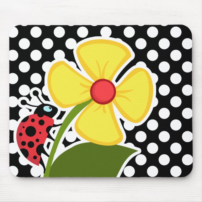 Ladybug on Black and White Polka Dots Mouse Pad (Front)