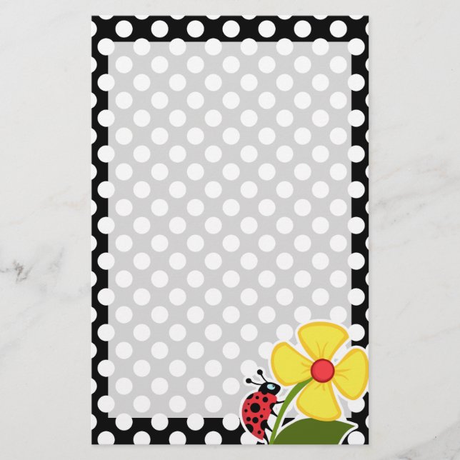 Ladybug on Black and White Polka Dots Stationery (Front)