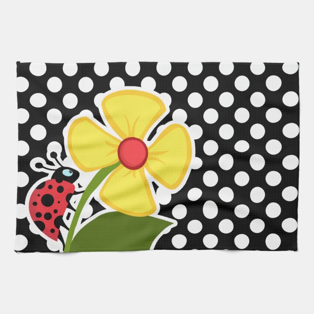 Ladybug on Black and White Polka Dots Tea Towel (Horizontal)