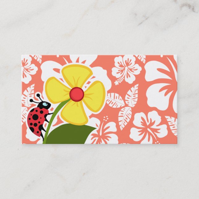 Ladybug on Coral Colour Tropical Hibiscus Business Card (Front)