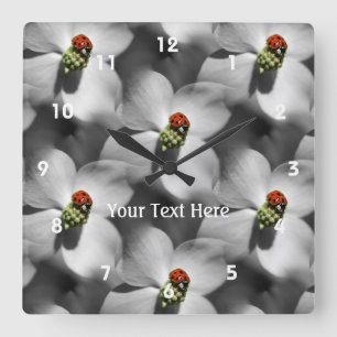 Ladybug On Dogwood Flower Nature Pattern Square Wall Clock