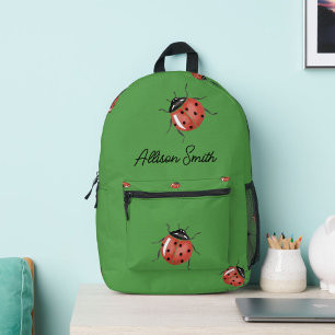 Ladybug on green personalised printed backpack