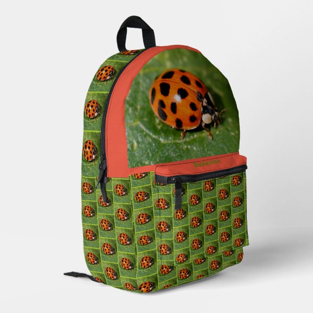 Ladybug On Leaf Personalised Printed Backpack (Back Corner Left)