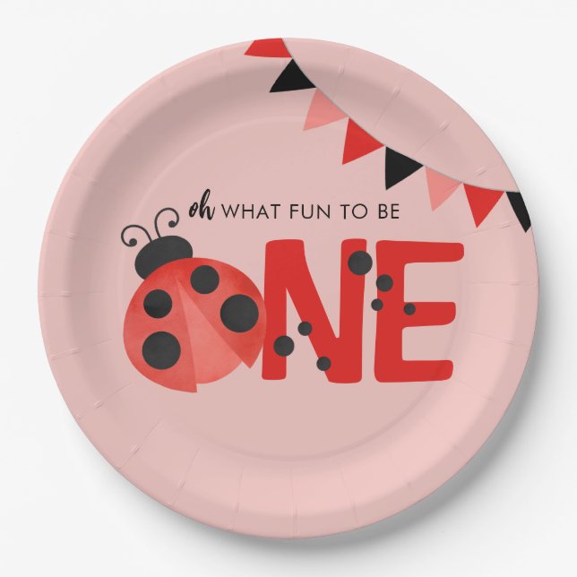 Ladybug on Light Salmon Pink Oh What Fun To Be One Paper Plate (Front)